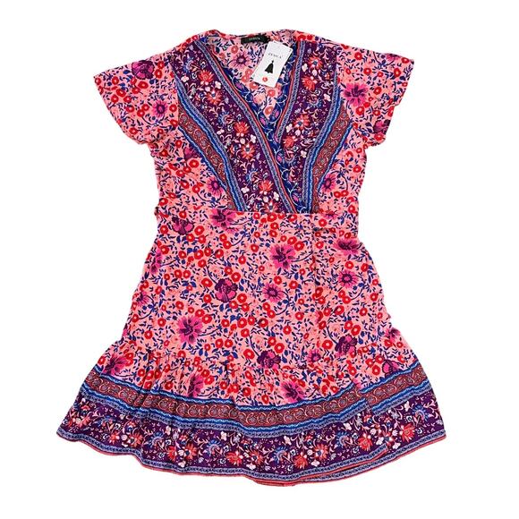 NWT ZESICA Pink Floral Wrap V-Neck Bohemian Ruffle Swing Mini Dress - SIZE L - Picture 1 of 8
